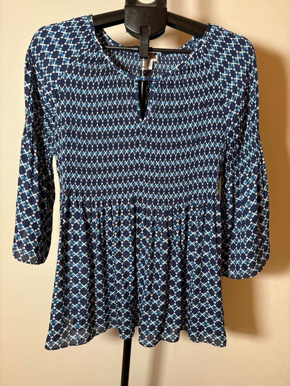 Spense Women’s Blue White Geometric Keyhole Round Neck 3/4 Sleeve Peplum L